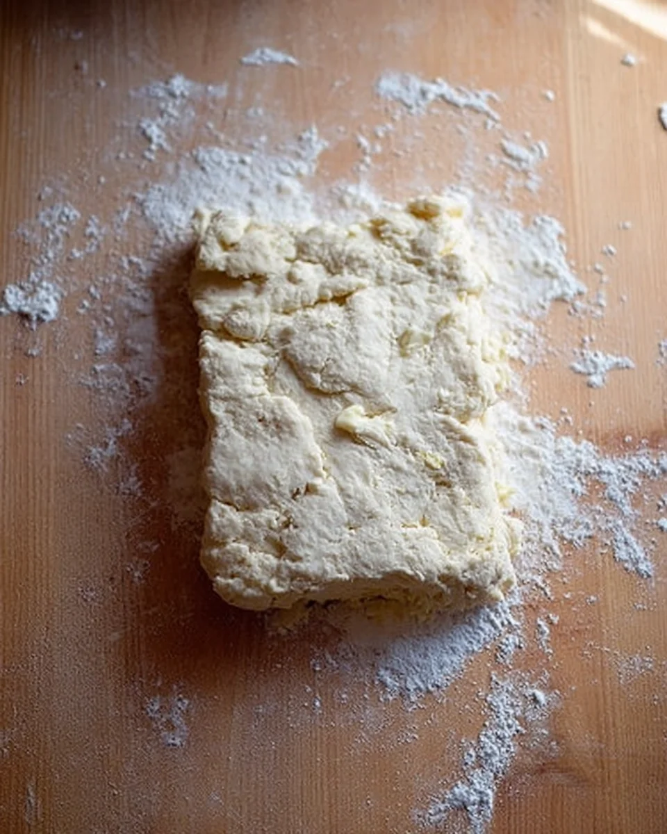 Folded biscuit dough on the counter top.