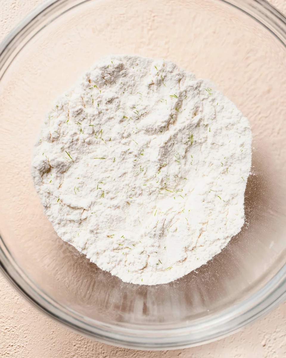 A glass mixing bowl with the whisked dry ingredients.