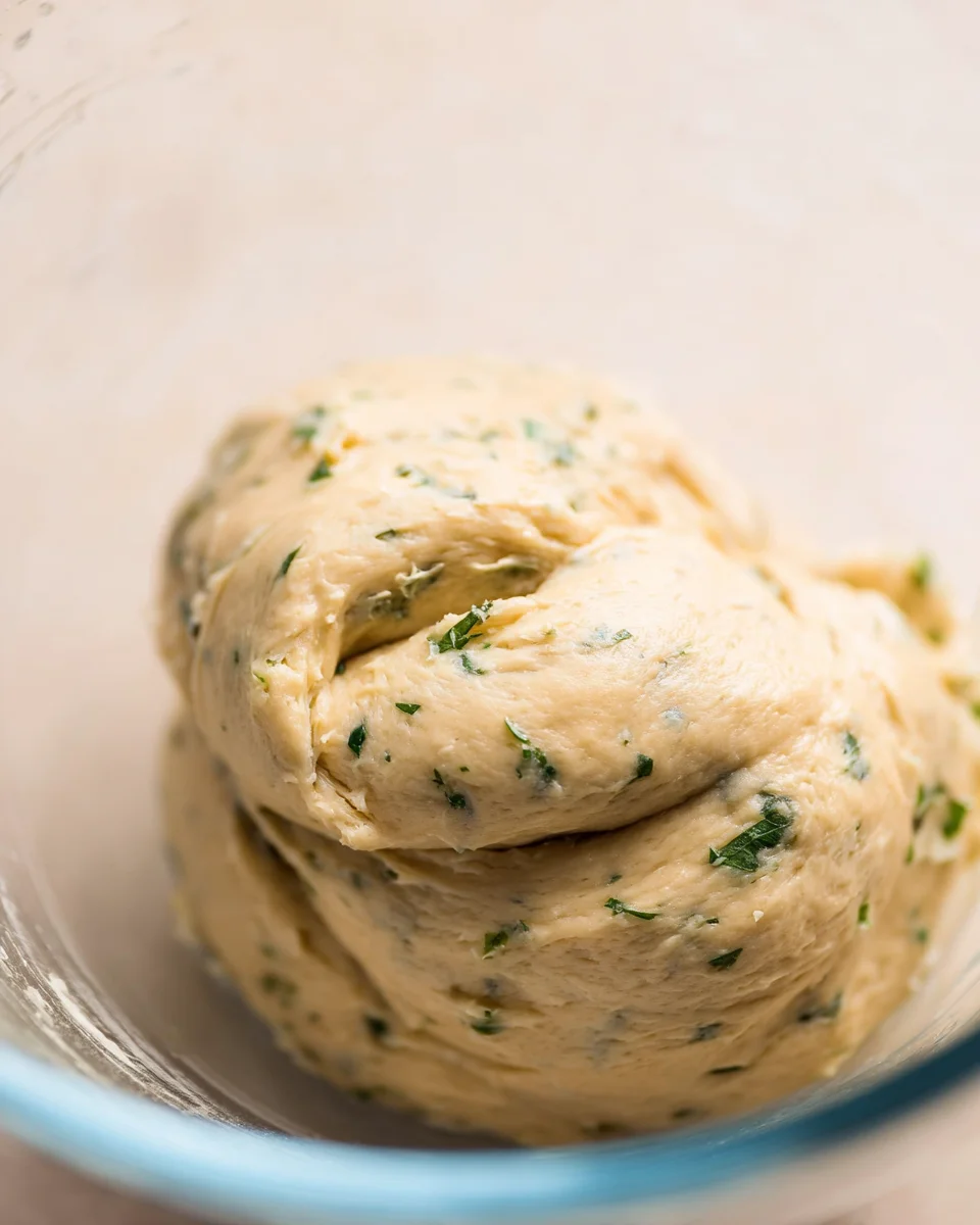 The kneaded garlic bun dough in a mixing bowl.