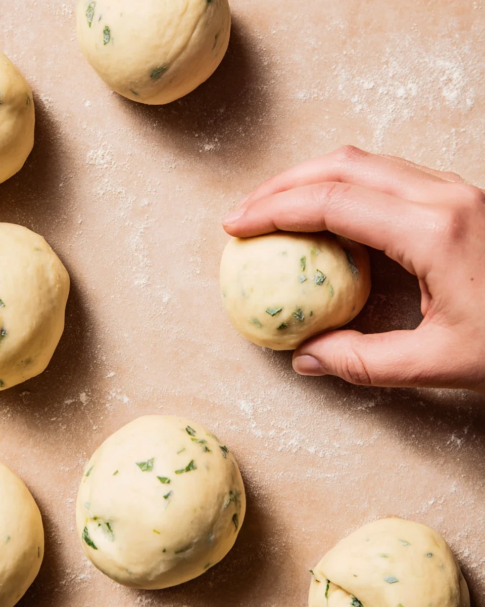 A hand rolling the garlic dough into dough balls.