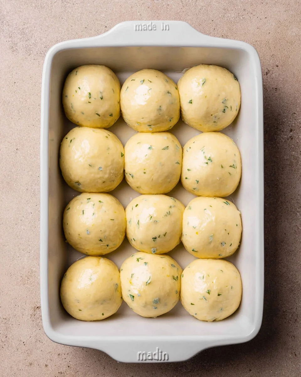 The garlic rolls in a baking pan brushed with egg wash before baking.