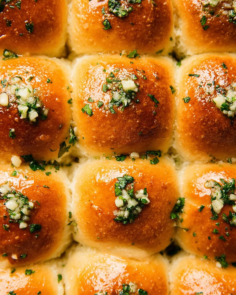 Buttered garlic bread rolls covered in herbs and garlic.