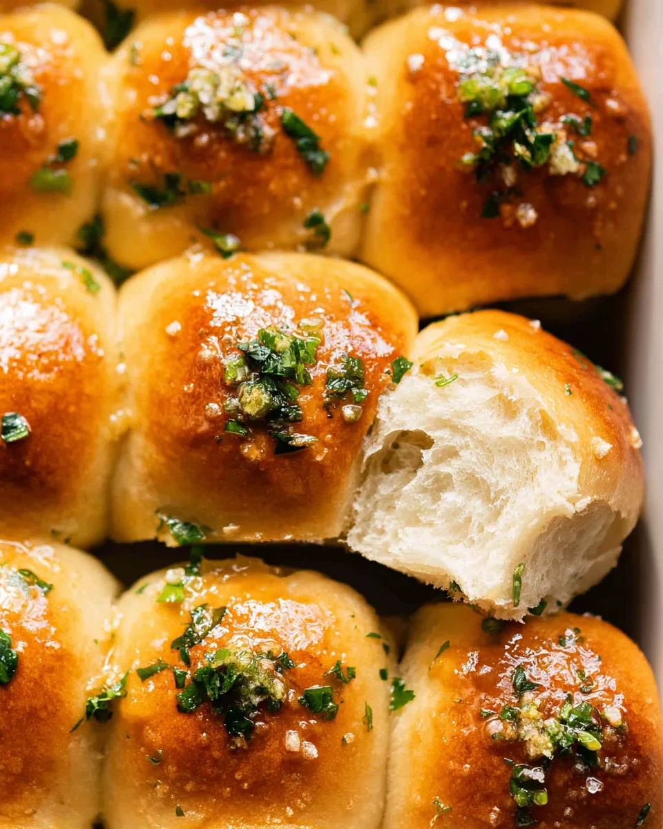 Garlic rolls covered in garlic butter and fresh parsley in a baking pan.