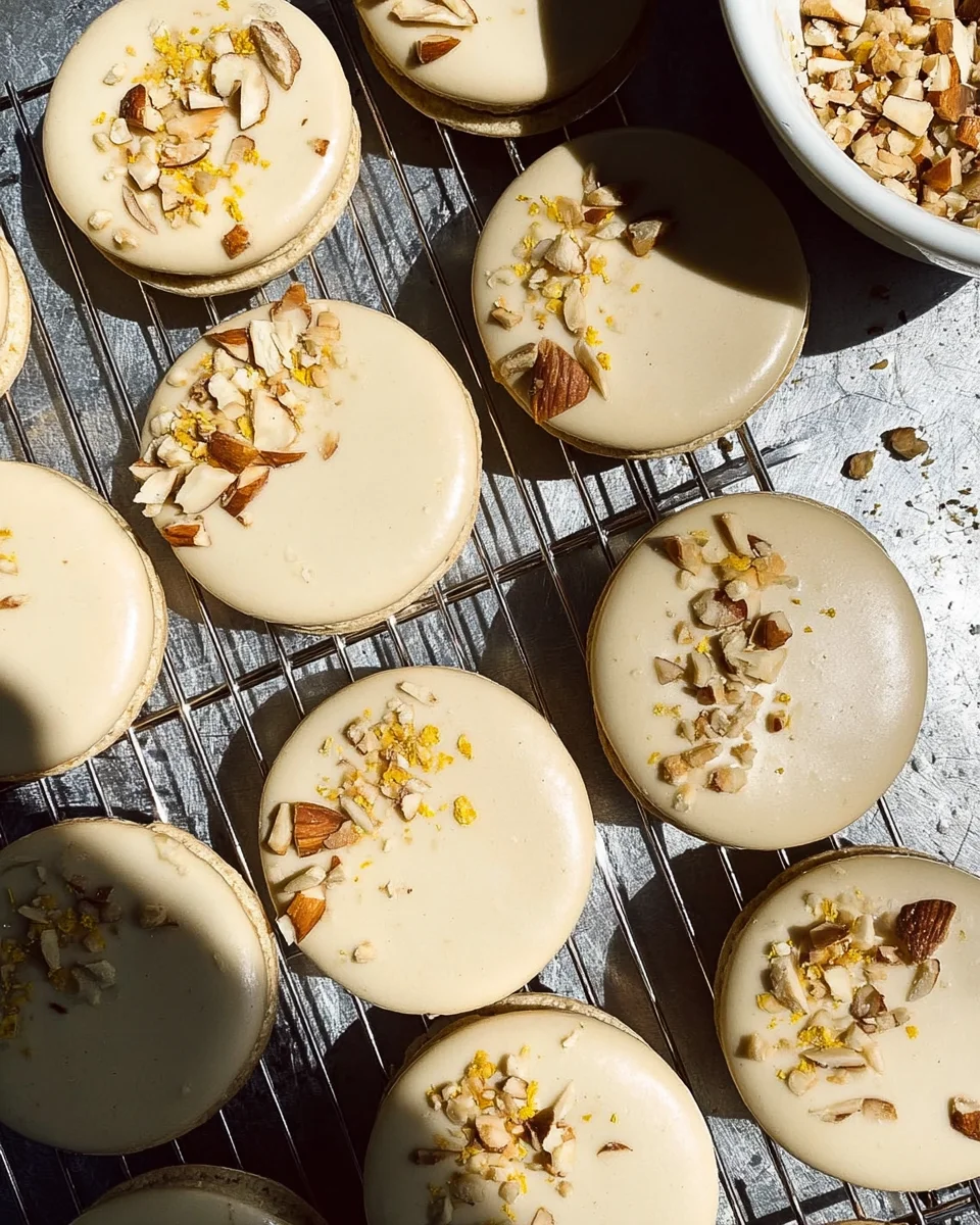 Iced lemon cookies topped with chopped almonds and lemon zest. Iced lemon cookies topped with chopped almonds and lemon zest.