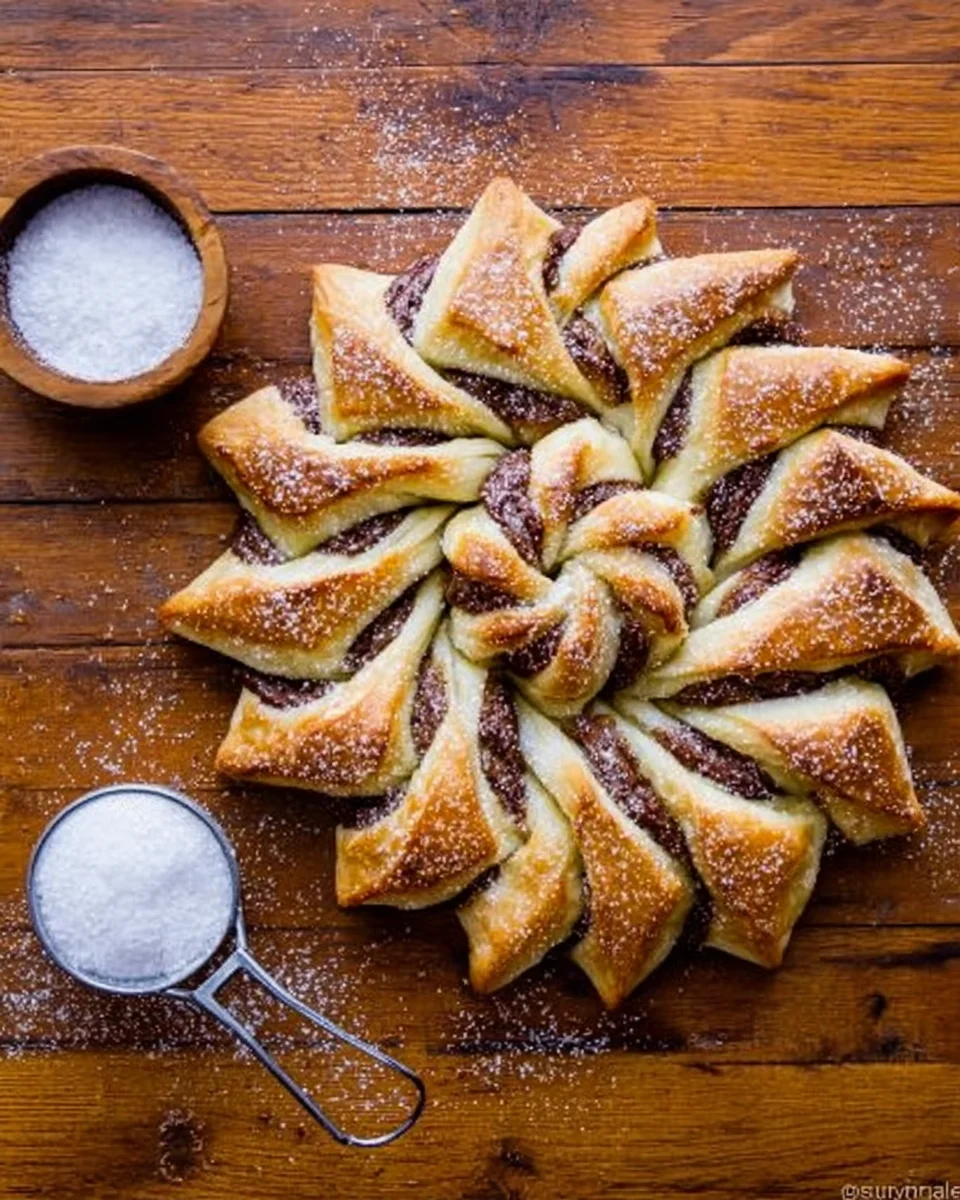 An overhead shot of a puff pastry snowflake dusted with powdered sugar