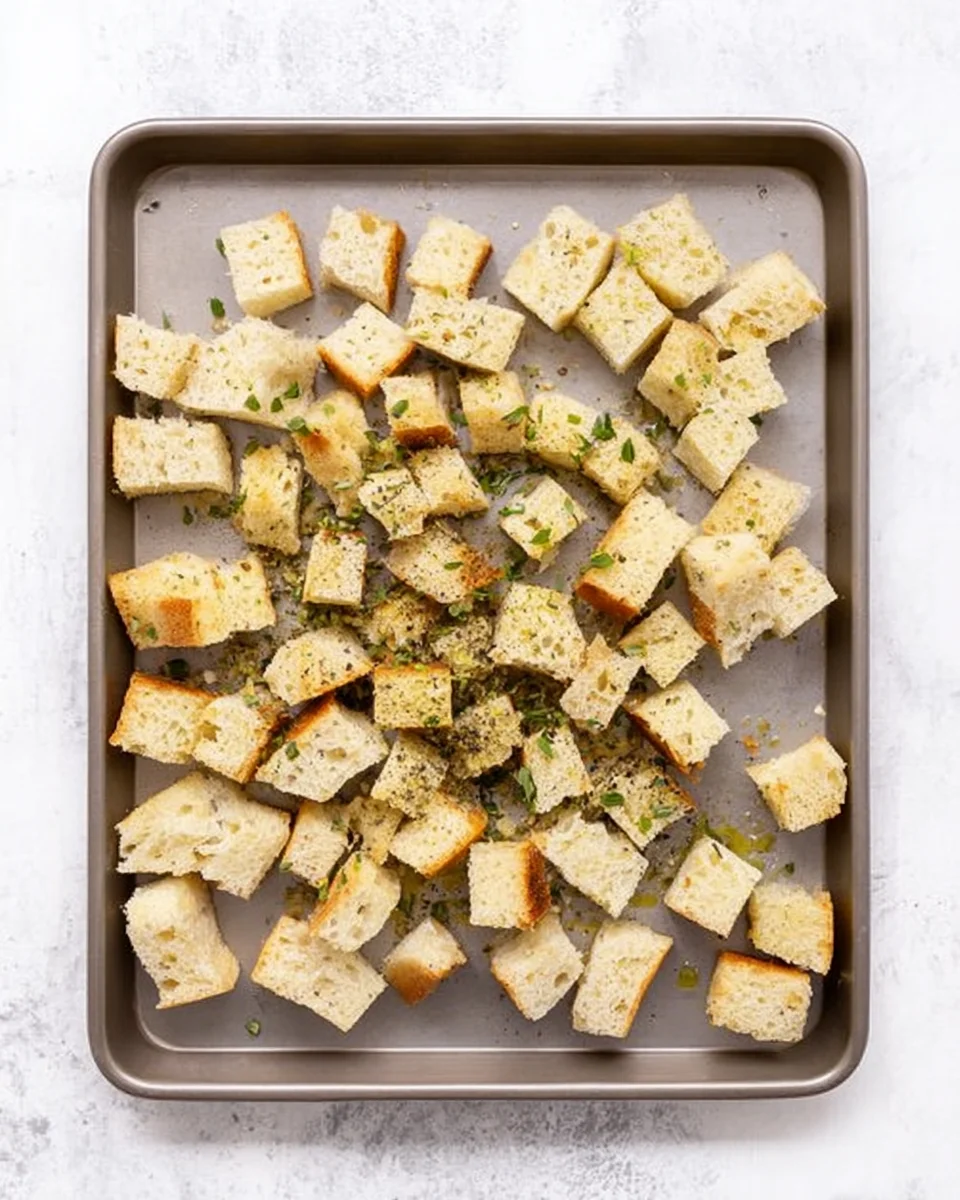 bread cubes tossed with oil and seasoning bread cubes tossed with oil and seasoning