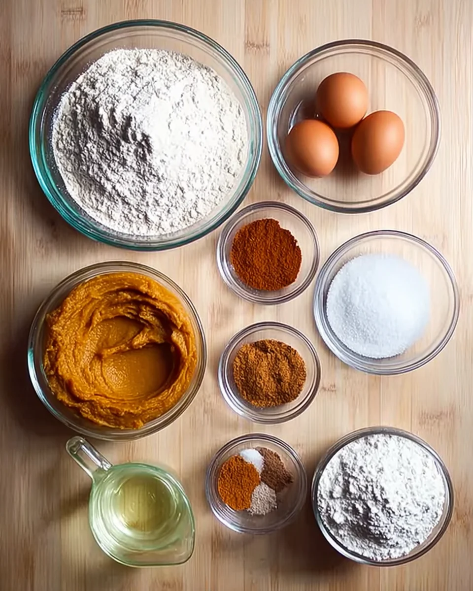Ingredients to make one-bowl pumpkin bread on a countertop. Ingredients to make one-bowl pumpkin bread on a countertop.