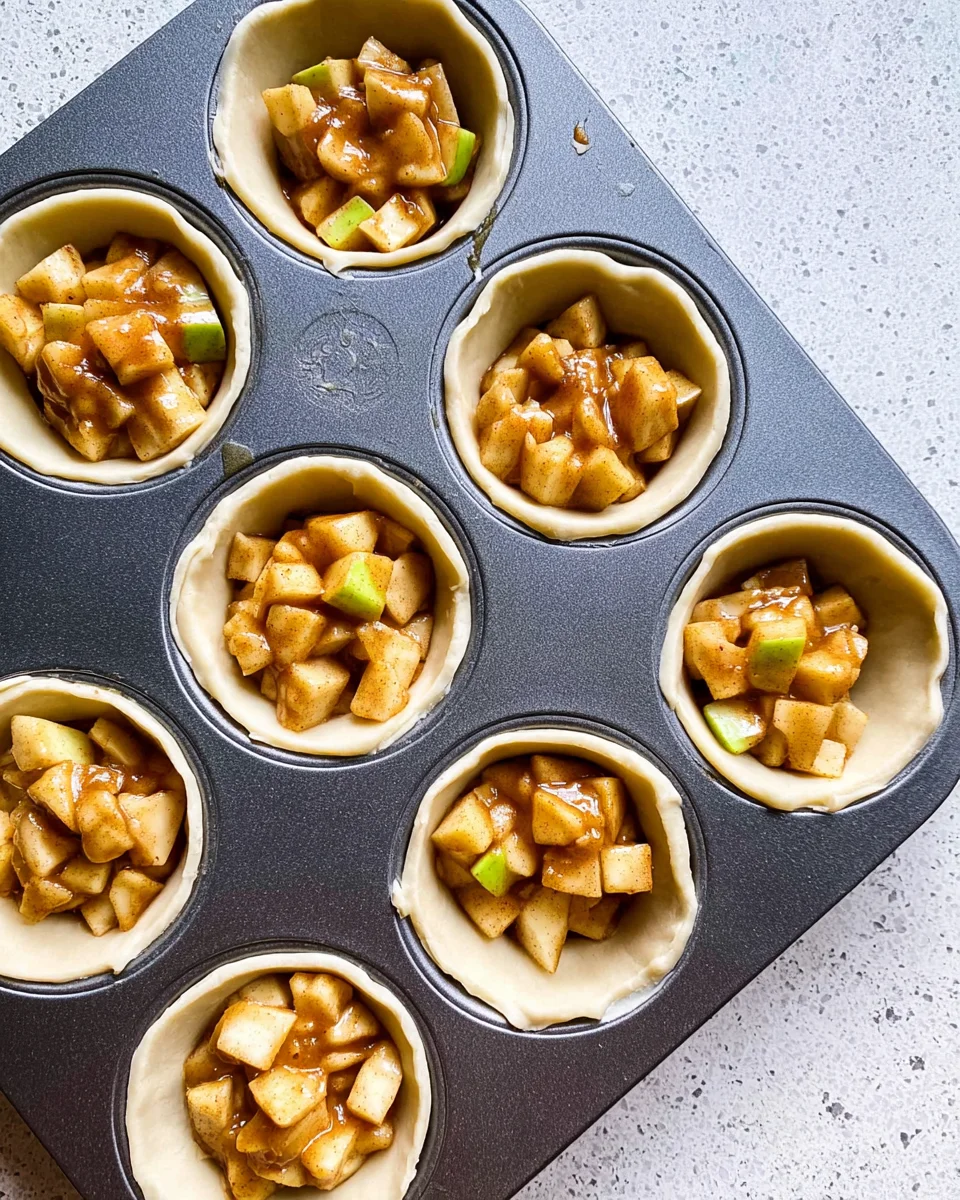 Puff pastry squares filled with apple pie filling in a muffin pan.