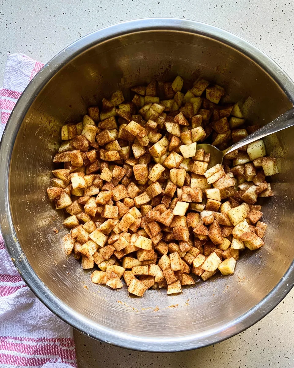 Apple pie filling in a bowl with a spoon.