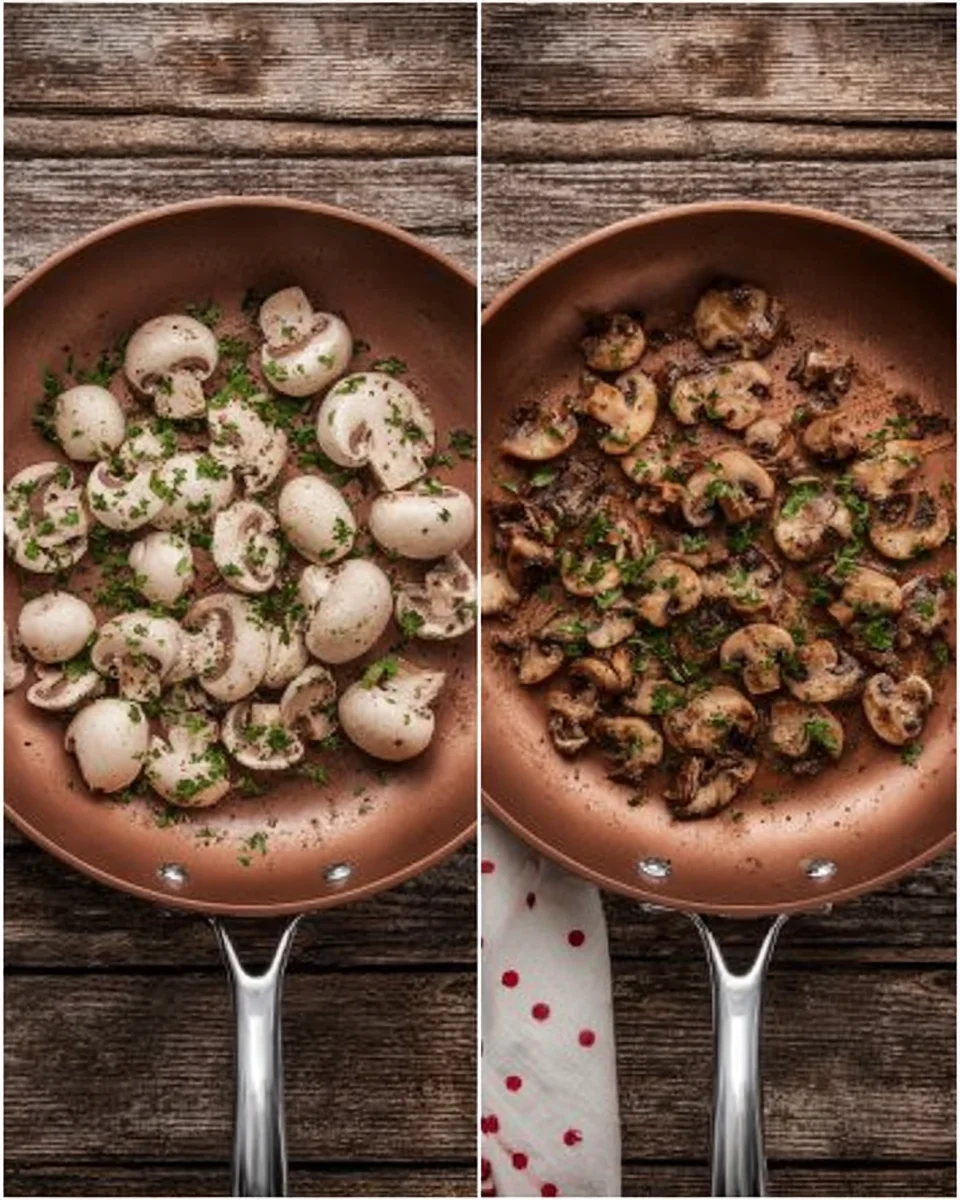 Mushrooms in a pan before and after cooked.
