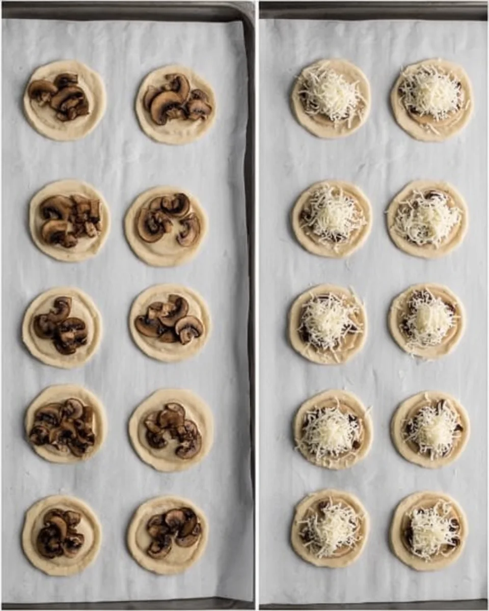 Mushrooms and cheese on the tarts.