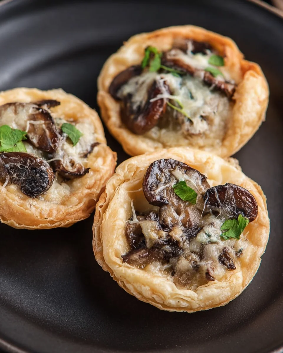 Mushroom puff pastry tarts on a black dish.