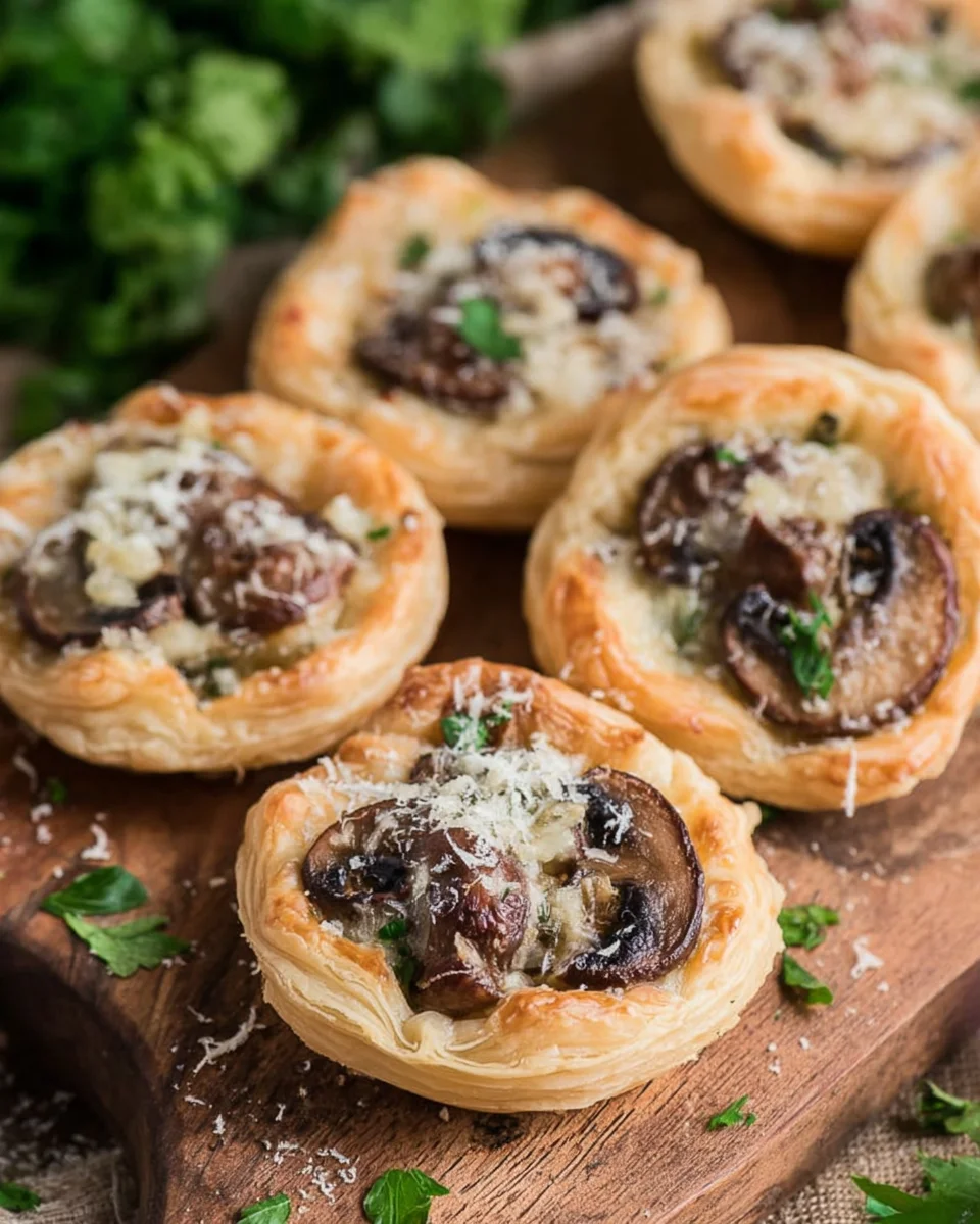 Mushroom puff pastry appetizers on a wooden board.