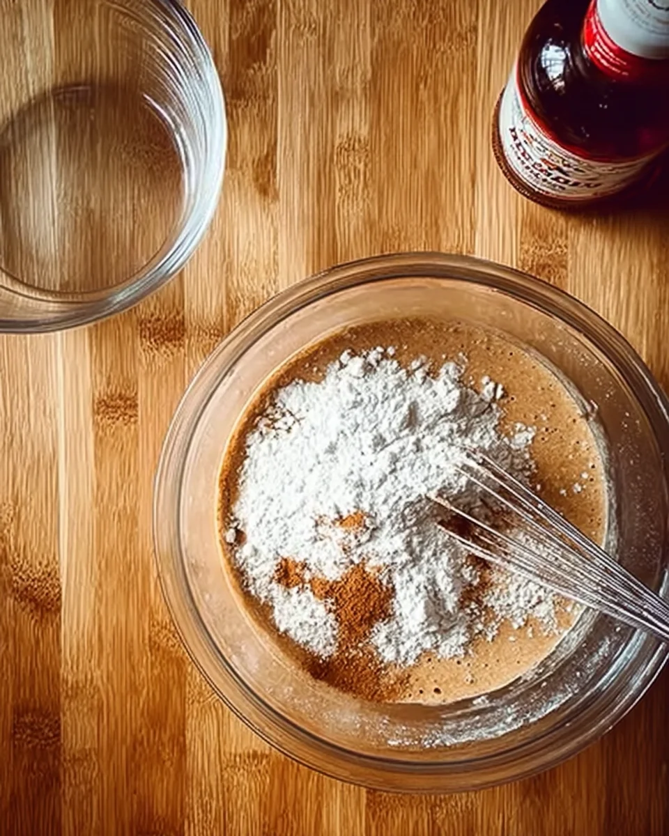 A bowl with a whisk and all of the ingredients for pumpkin bread inside. A bowl with a whisk and all of the ingredients for pumpkin bread inside.
