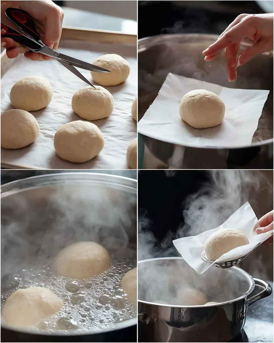 __opt__aboutcom__coeus__resources__content_migration__serious_eats__seriouseats.com__images__2016__11__20161103-hard-dinner-rolls-vicky-wasik-boil-collage-011e548ec5944118bebb6f34e6c1c4ab.jpg A collage: cutting off the parchment paper containing balls of dough, slipping the dough into boiling water and removing the paper, removing the dough from the pot with a slotted spoon.