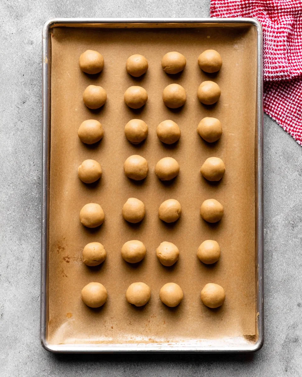 24 peanut butter balls on lined baking sheet