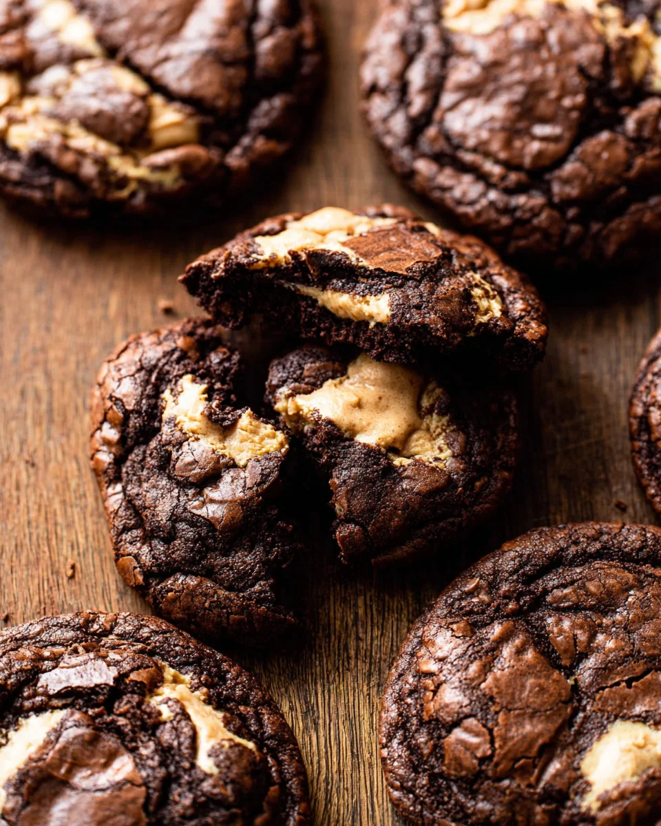 brownie cookies filled with peanut butter on wooden cutting board
