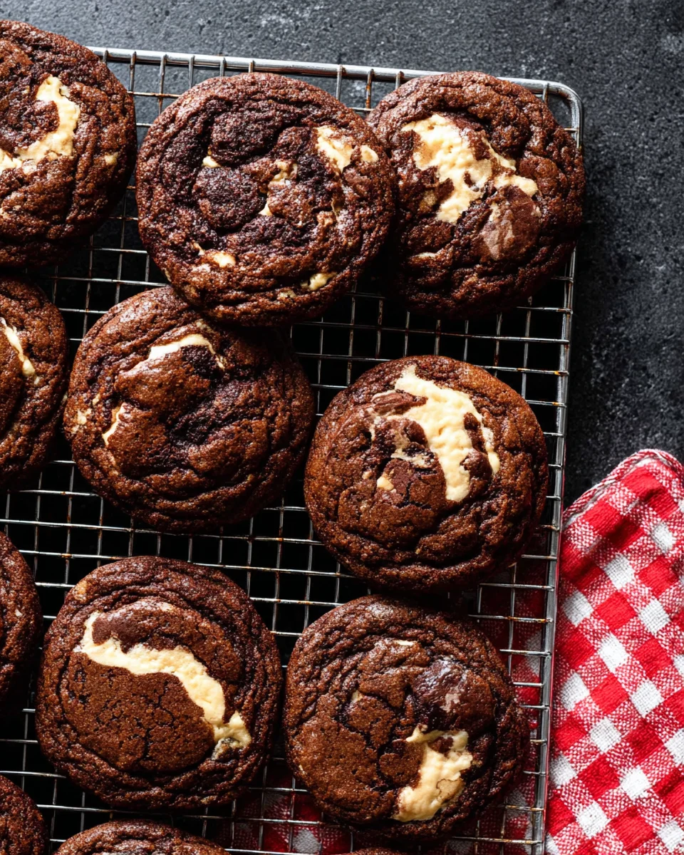 peanut butter swirled brownie cookies on wire cooling rack