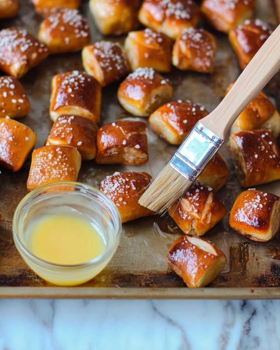 brushing melted butter on pretzel bites
