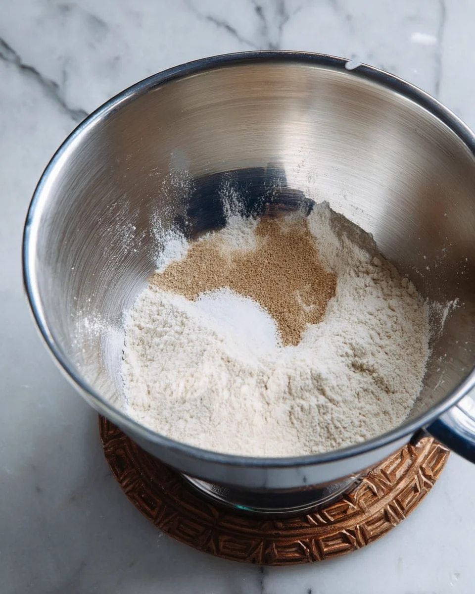 flour, yeast, and salt in mixing bowl.