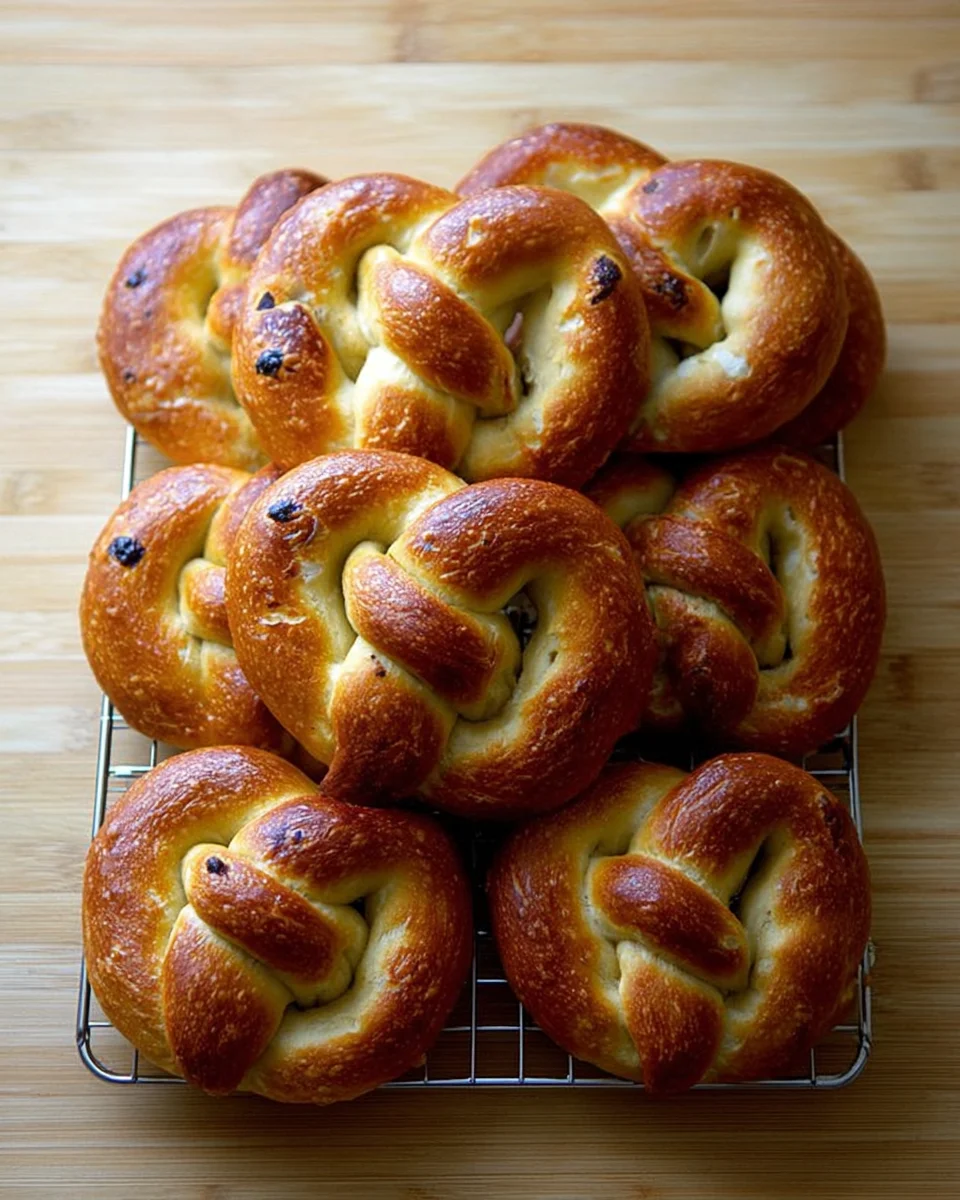 Just-baked soft pretzels on a cooling rack. Just-baked soft pretzels on a cooling rack.