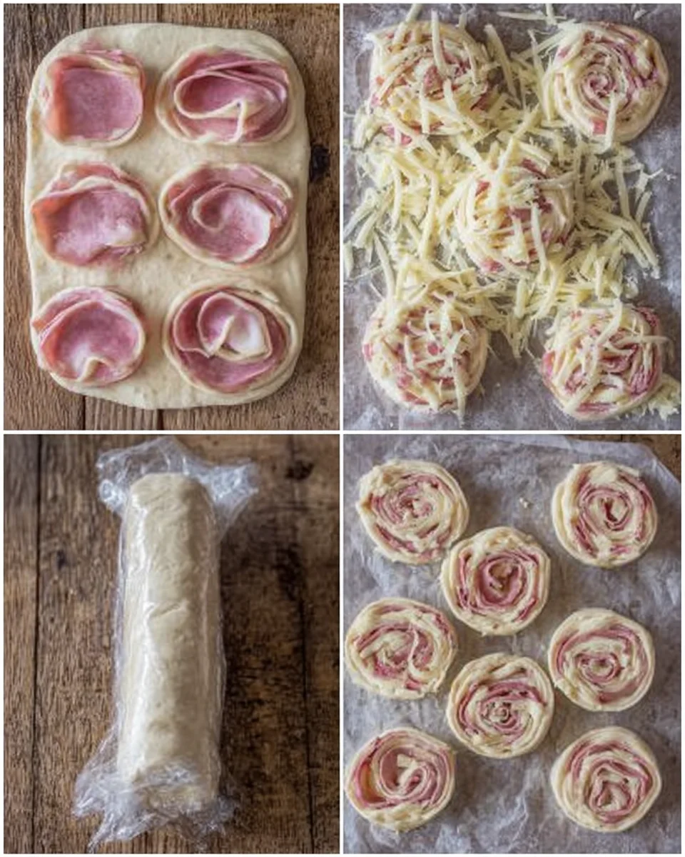 Making the ham & cheese pinwheels, rolled and placed on a cookie sheet for baking.