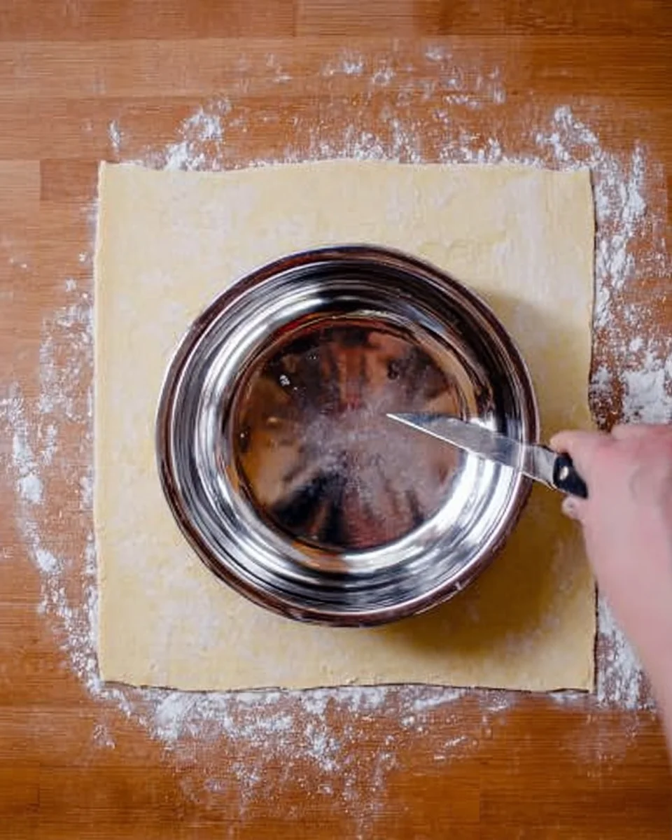 A bowl atop a sheet of puff pastry