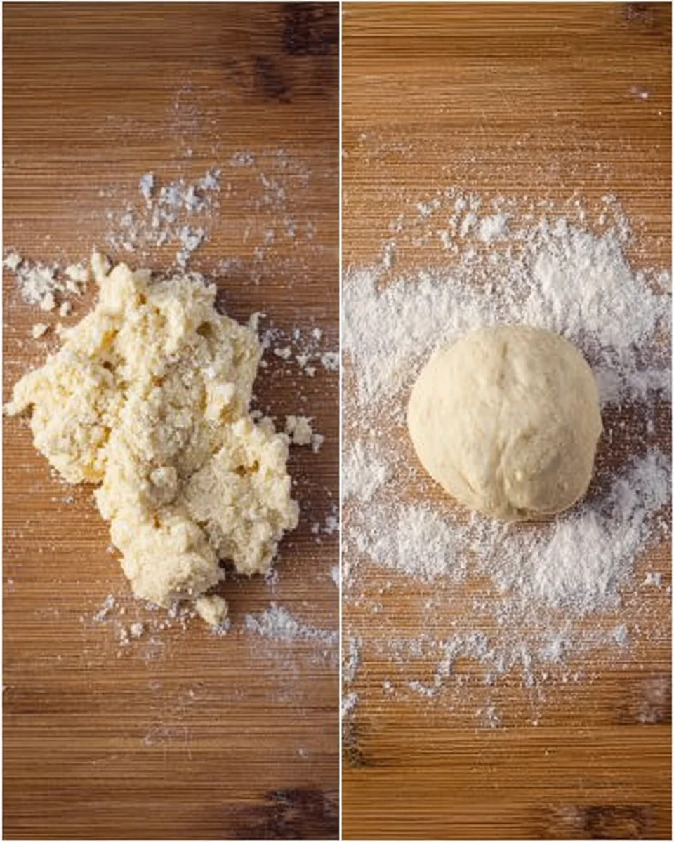 Dough moved to board and gentled kneaded to form a ball.