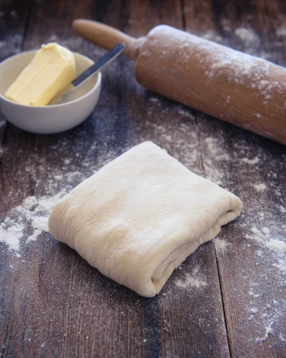 Puff pastry folded on a wooden board with a rolling pin.