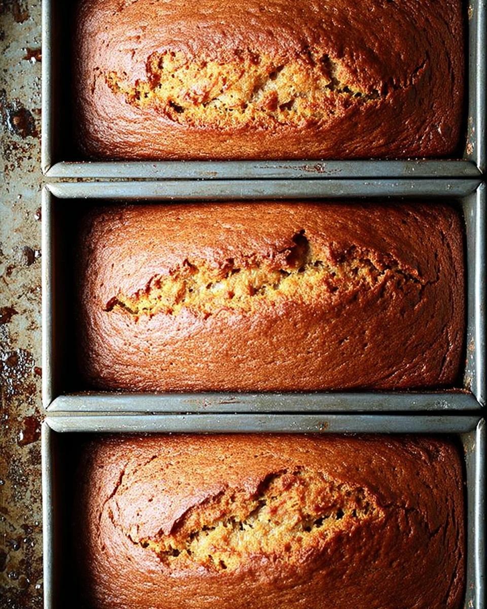 Three mini loaf pans filled with just-baked pumpkin bread. Three mini loaf pans filled with just-baked pumpkin bread.