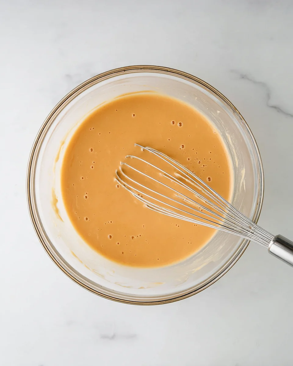 a pumpkin puree mixture whisked in a glass bowl.