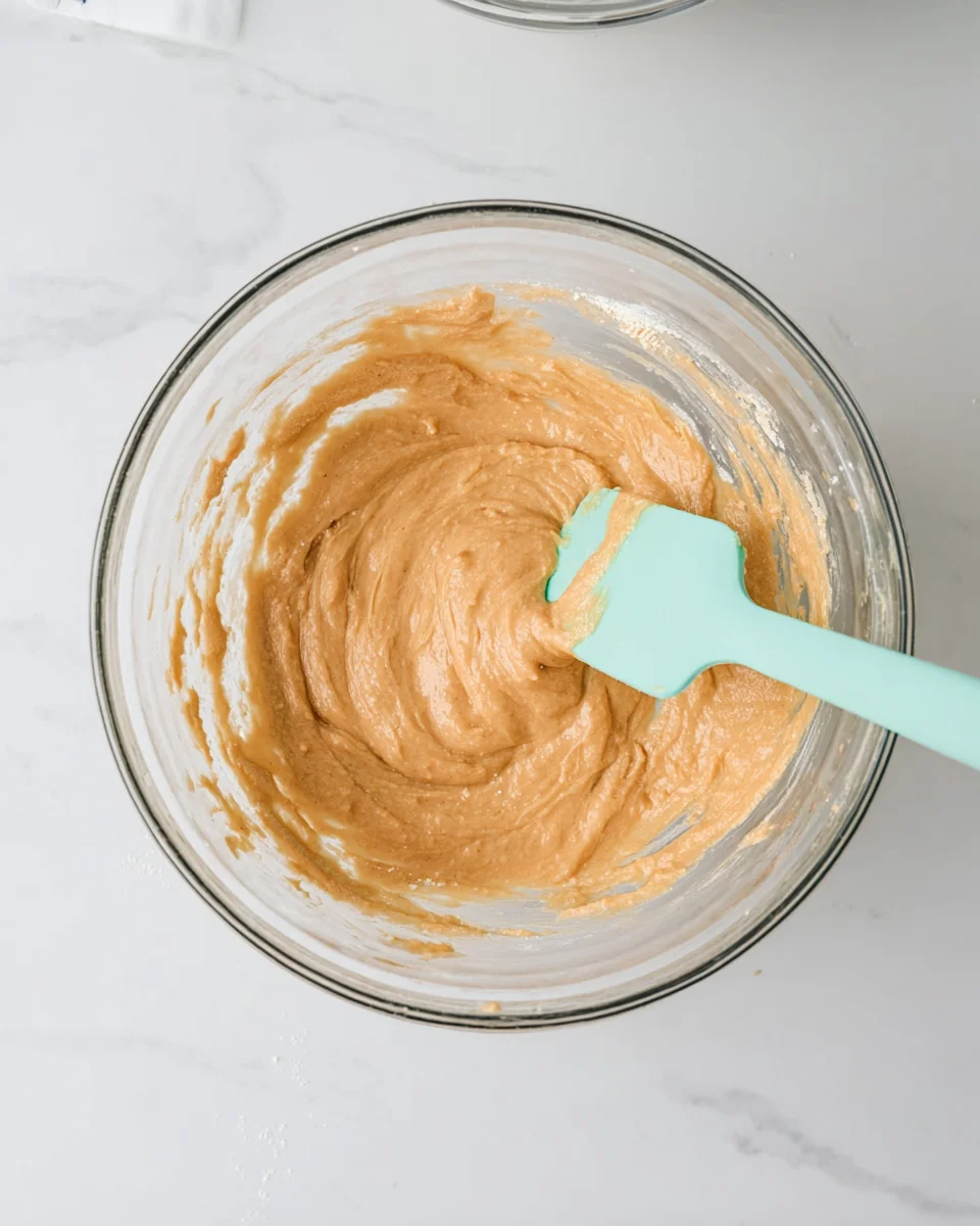 a glass mixing bowl with pumpkin batter combined with a rubber spatula.