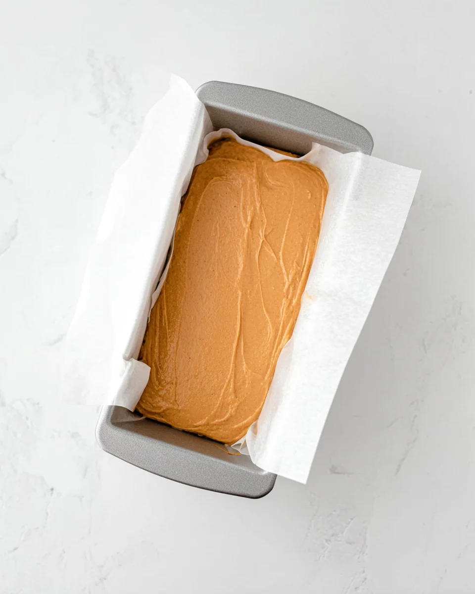 pumpkin bread batter in a loaf pan lined with parchment paper.