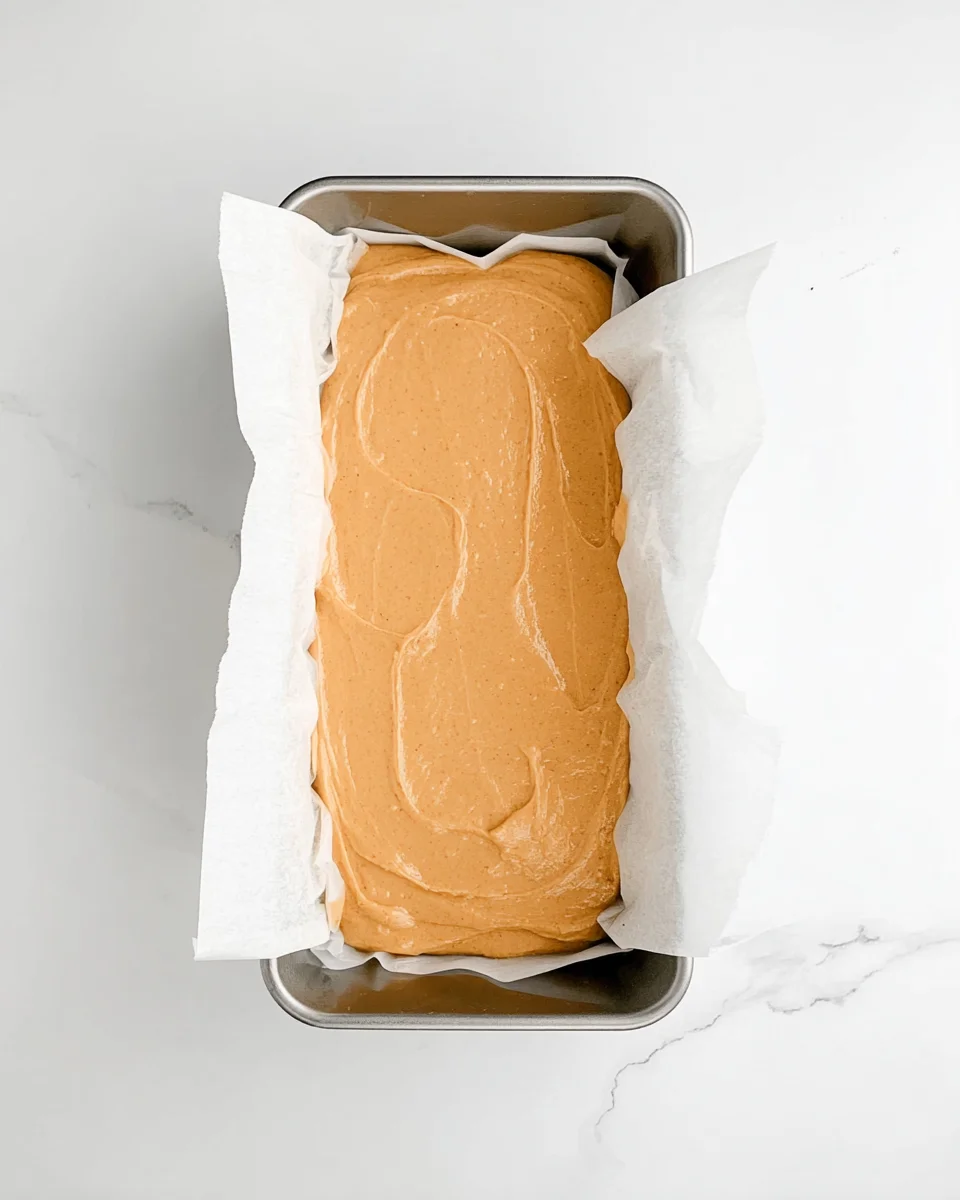 pumpkin batter on top of a cream cheese layer in a loaf pan.