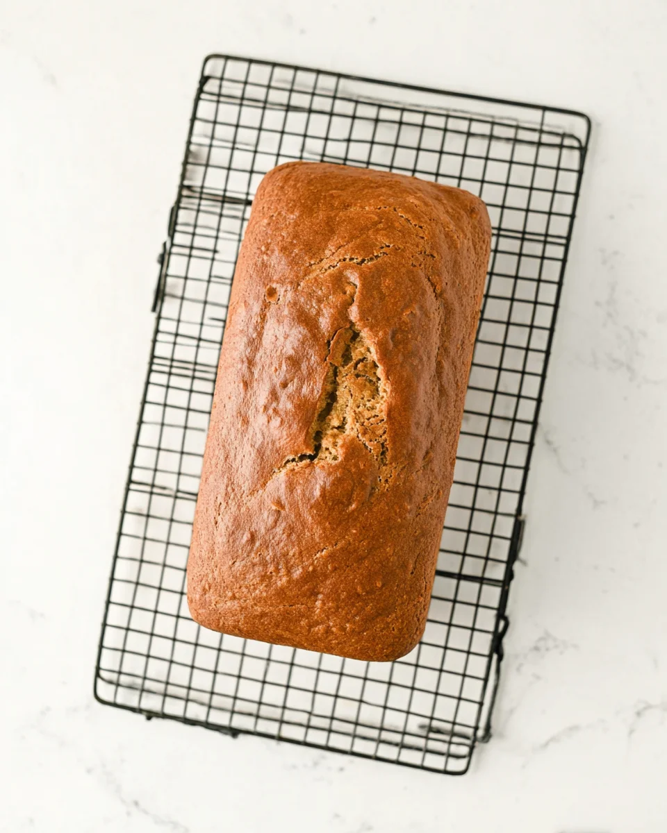 a baked loaf of pumpkin cream cheese bread on a wire cooling rack.