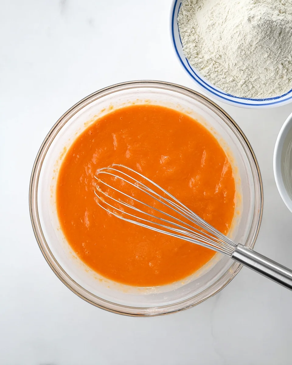 pumpkin puree whisked in a glass bowl with sugars, oil, and vanilla.