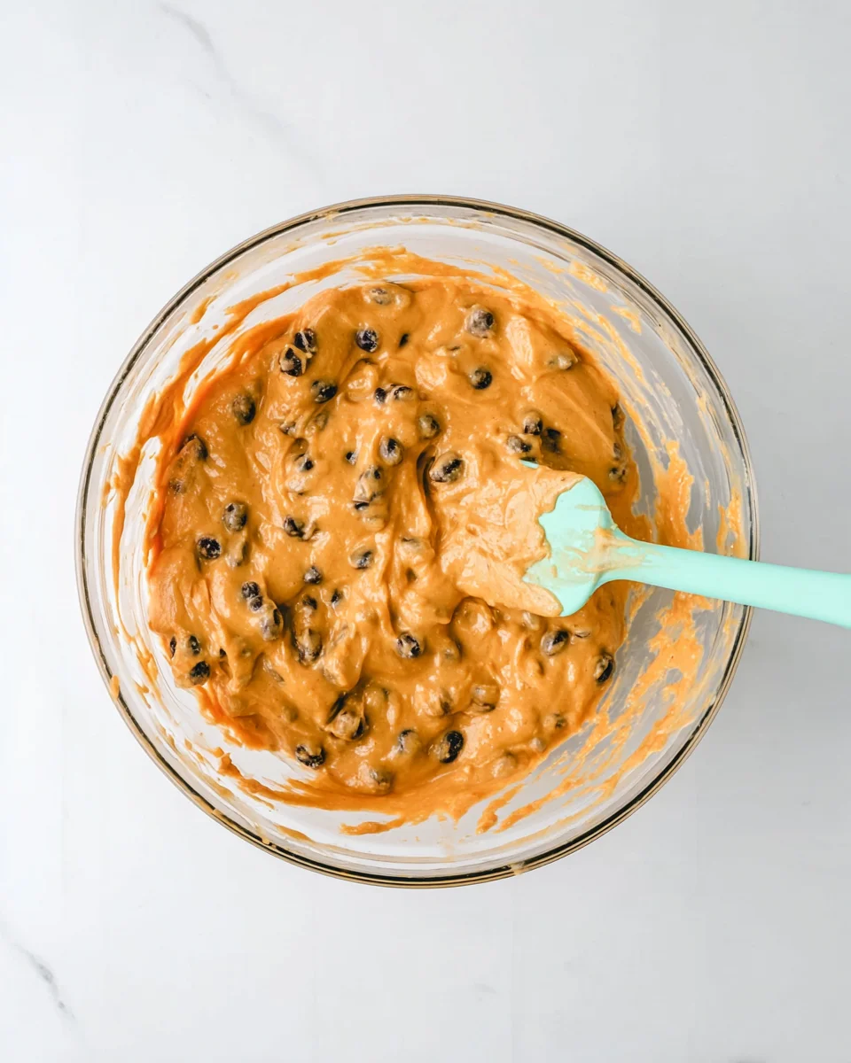 chocolate chips folded into pumpkin muffin batter.