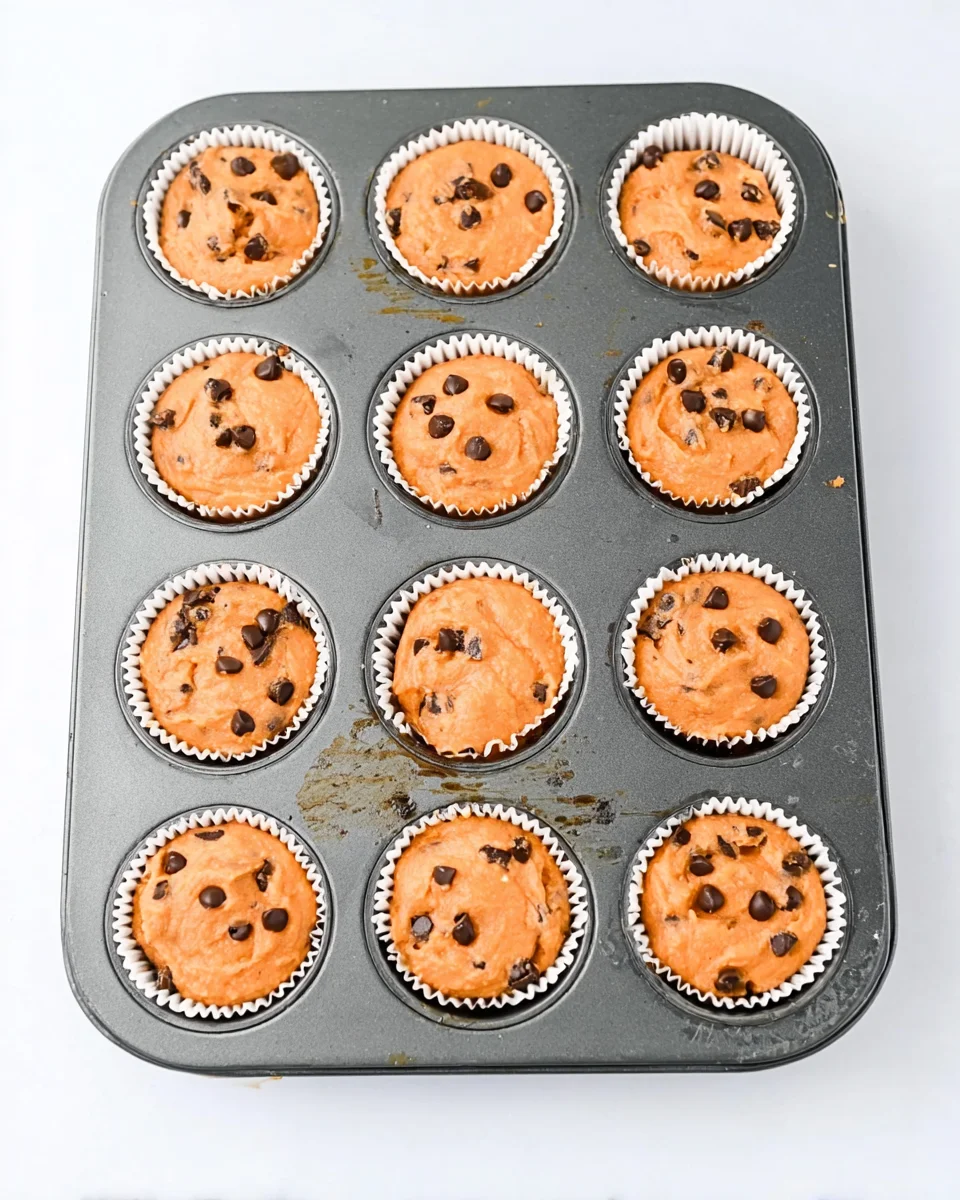 pumpkin chocolate chip muffin batter divided into paper lined muffin cups.