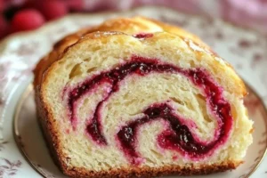Close-up of a slice of Raspberry Swirl Brioche Loaf on a vintage floral plate, showcasing the intricate swirls of raspberry filling against the soft texture of the bread.