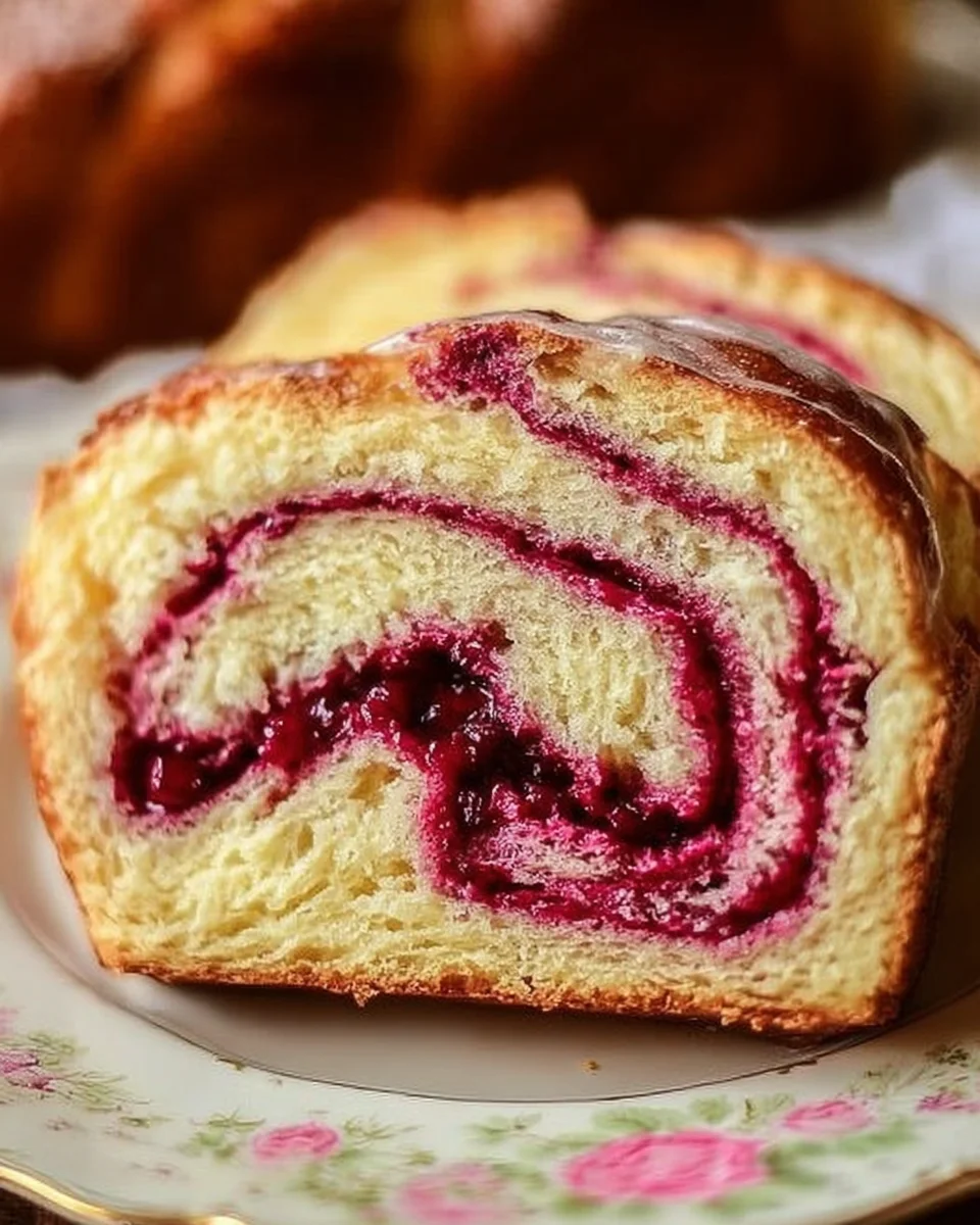 Close-up of a slice of Raspberry Swirl Brioche Loaf on a vintage floral plate, showcasing the intricate swirls of raspberry filling against the soft texture of the bread.
