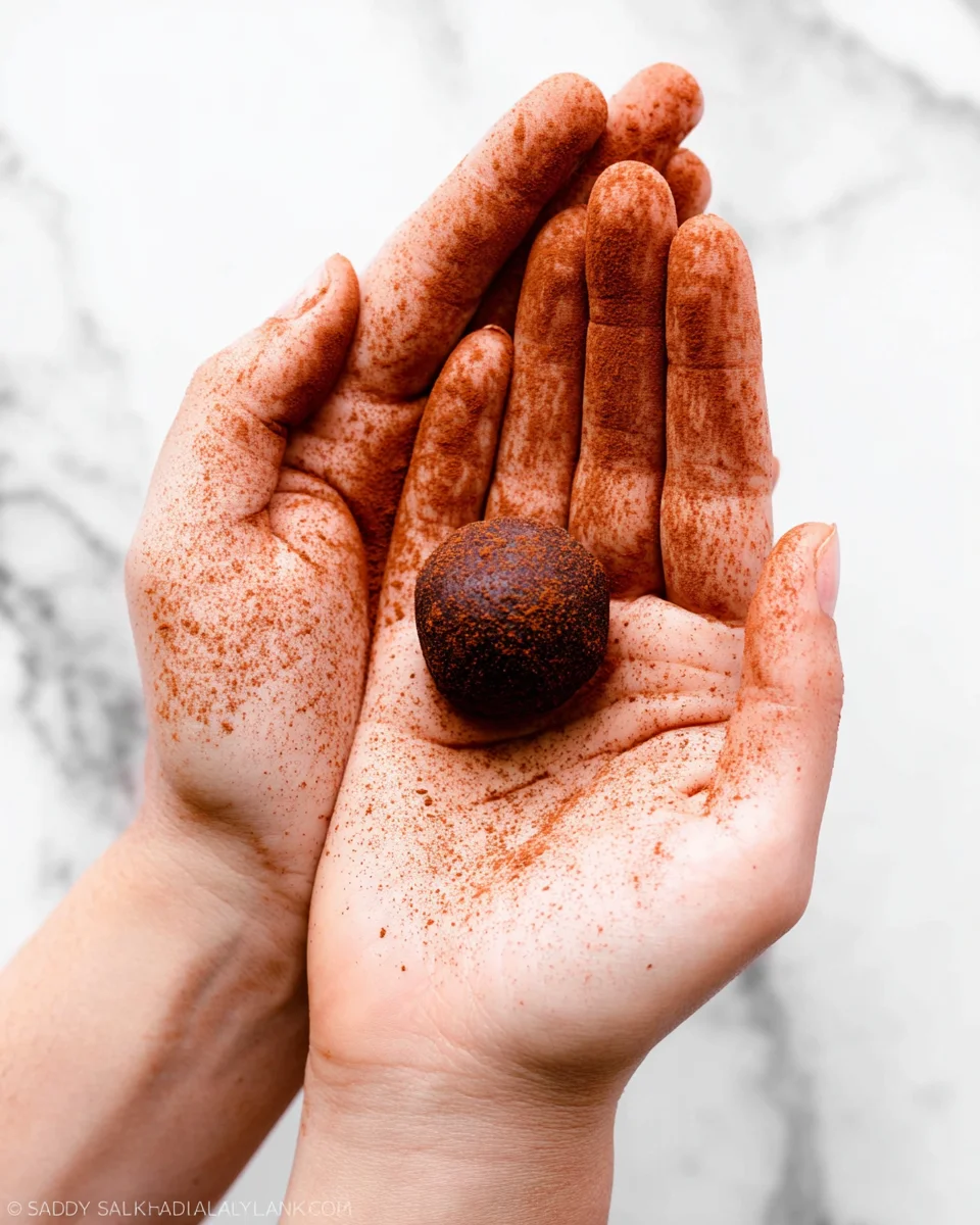 brownie dough ball in hands to display how messy the shaping can be