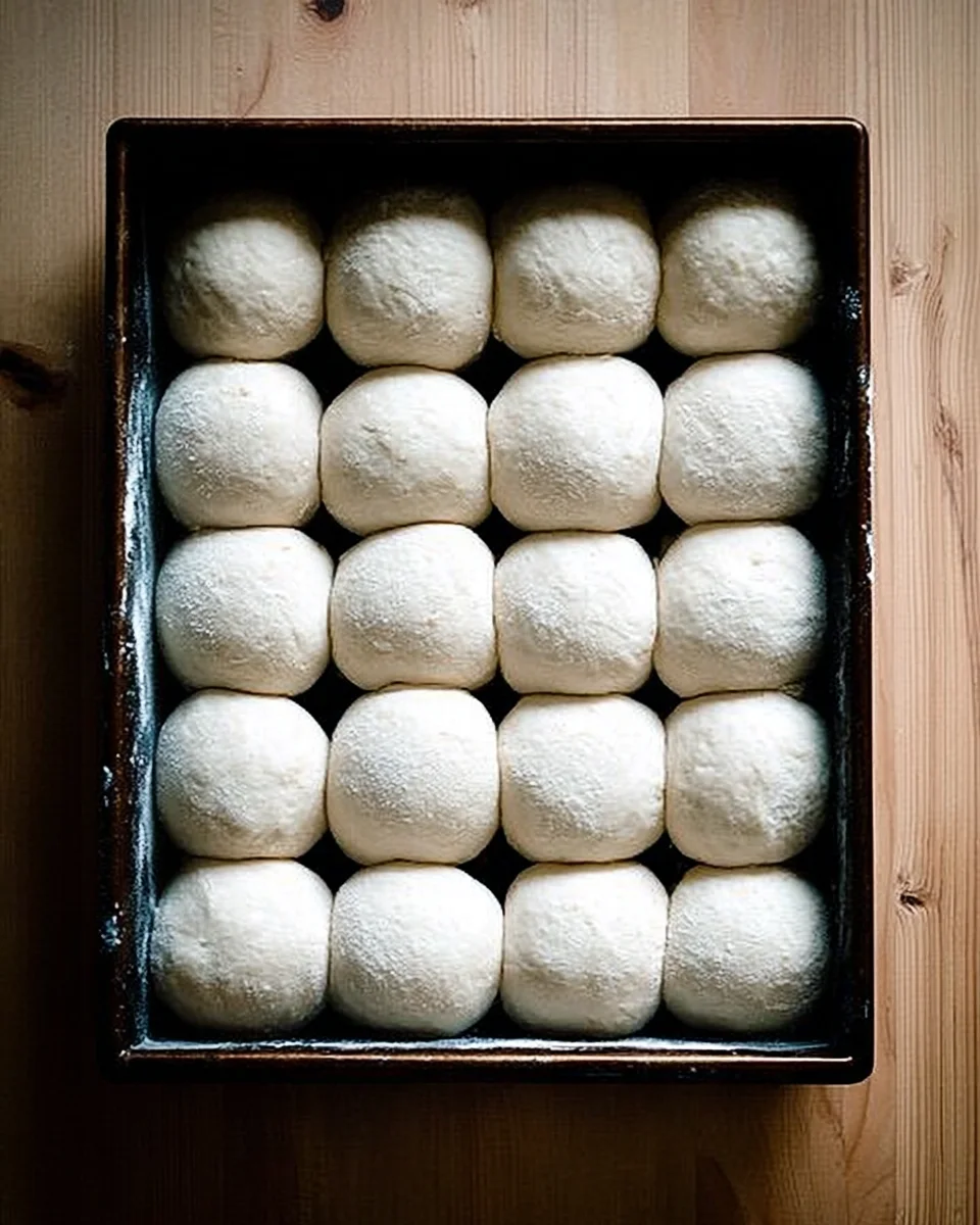 An overhead shot of formed and risen pull-apart rolls in a 9x13-inch pan. An overhead shot of formed and risen pull-apart rolls in a 9x13-inch pan.