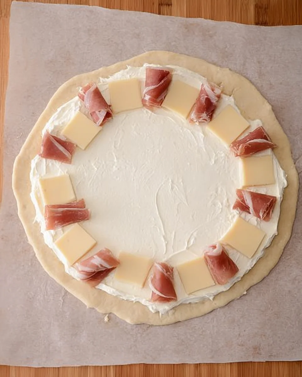 Spreading the ricotta and adding the prosciutto and cheese.