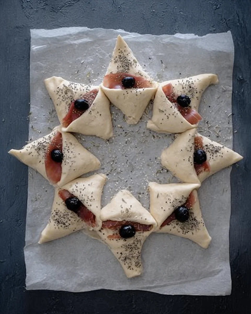Closing the ends and sprinkling with oregano, seeds and adding olives.