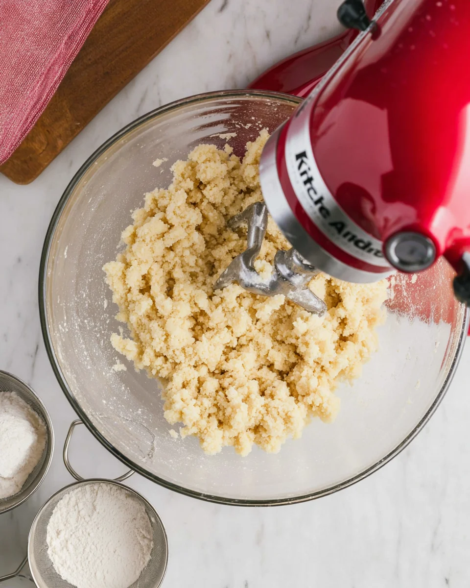 crumbly shortbread dough in a stand mixer bowl