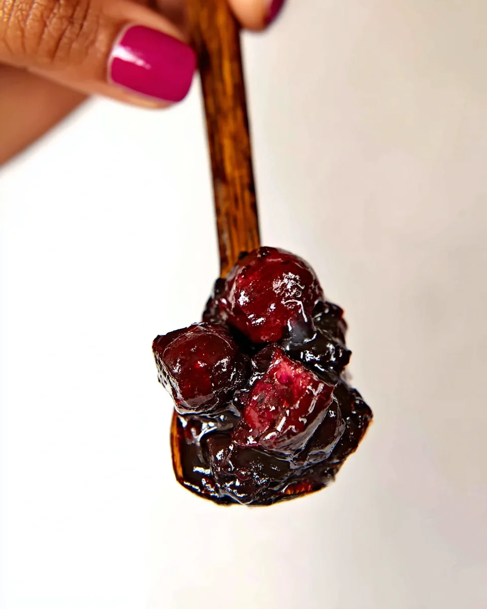 Big wooden spoon holding up cooked cherry pie filling, showing the texture of whole cherries and jammy sauce.