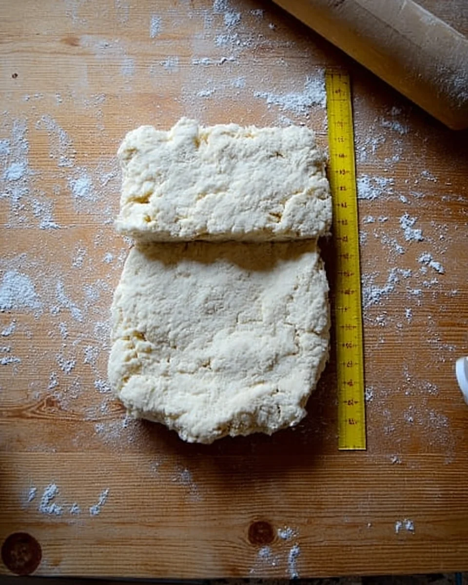 Folded biscuit dough on the counter top.