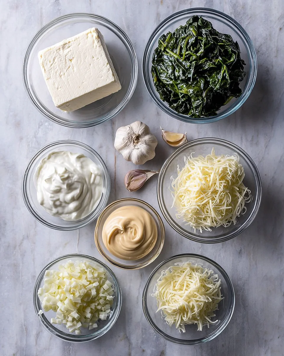 The image shows seven clear glass bowls of different sizes placed on a white marbled surface. Starting from the top left, the first bowl contains a solid block of white cream cheese. Next to it, a bigger bowl is filled with dark green, slightly frosty spinach. To the right, another large bowl holds a heap of shredded white mozzarella cheese. Below the top row, from left to right, there is a small bowl with chopped pale yellow artichoke pieces, a smaller bowl with grated pale yellow Parmesan cheese, a medium bowl filled with thick white sour cream, and a small bowl with a dollop of smooth beige mayonnaise. Three pieces of garlic cloves sit beside the bowls on the left. The photo is taken with an iPhone --ar 4:5 --v 7