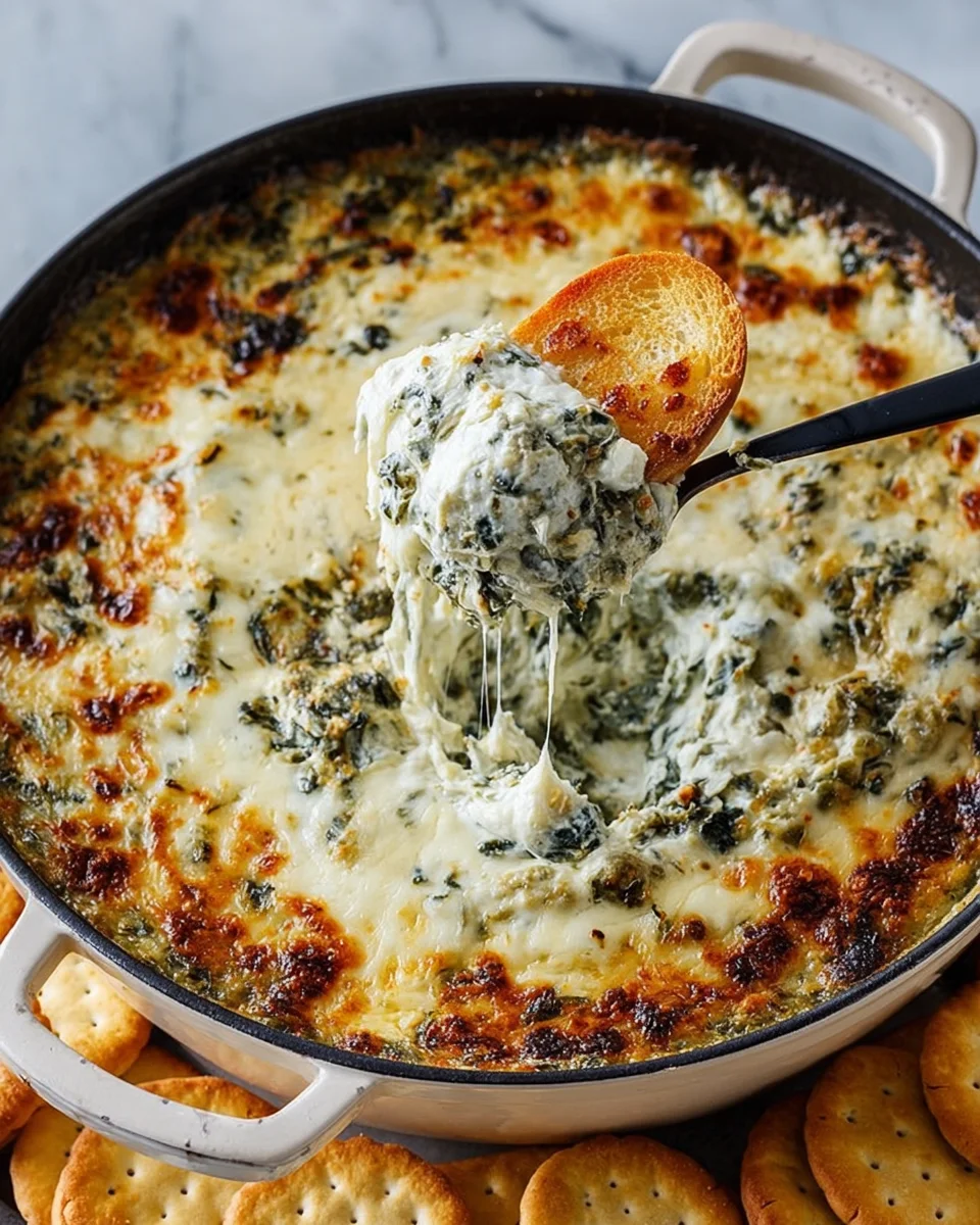 A white skillet filled with a layered spinach artichoke dip, the top layer is golden brown melted cheese with some darker toasted spots and small green parsley bits sprinkled on it. The underneath visible layer is creamy white with chopped spinach and artichoke pieces mixed in, showing a soft, thick texture. A black spoon scoops up a portion of the dip, resting a crisp light brown toasted bread slice inside the creamy dip. Around the skillet are light-colored crackers on a white marbled surface photo taken with an iphone --ar 4:5 --v 7
