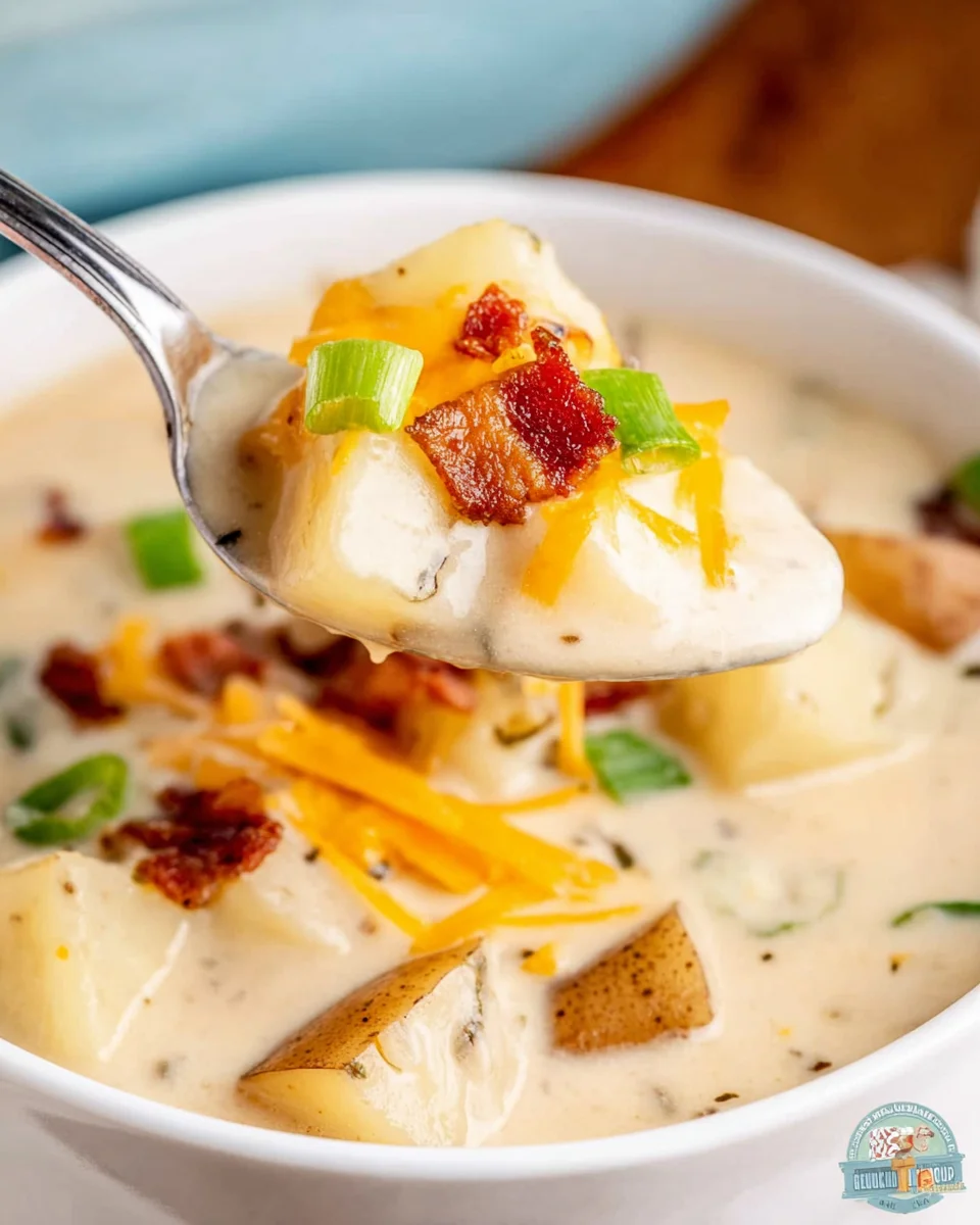 spoon with potato soup in it being held over a white bowl filled with potato soup.